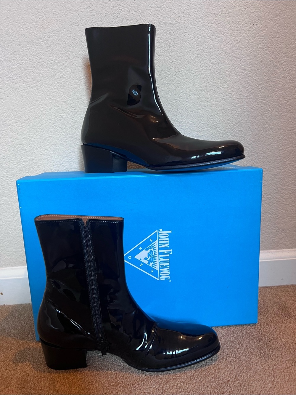 John Fluevog Black Patent Leather Mid-Calf Ankle Boots Mens 5/Womens 7